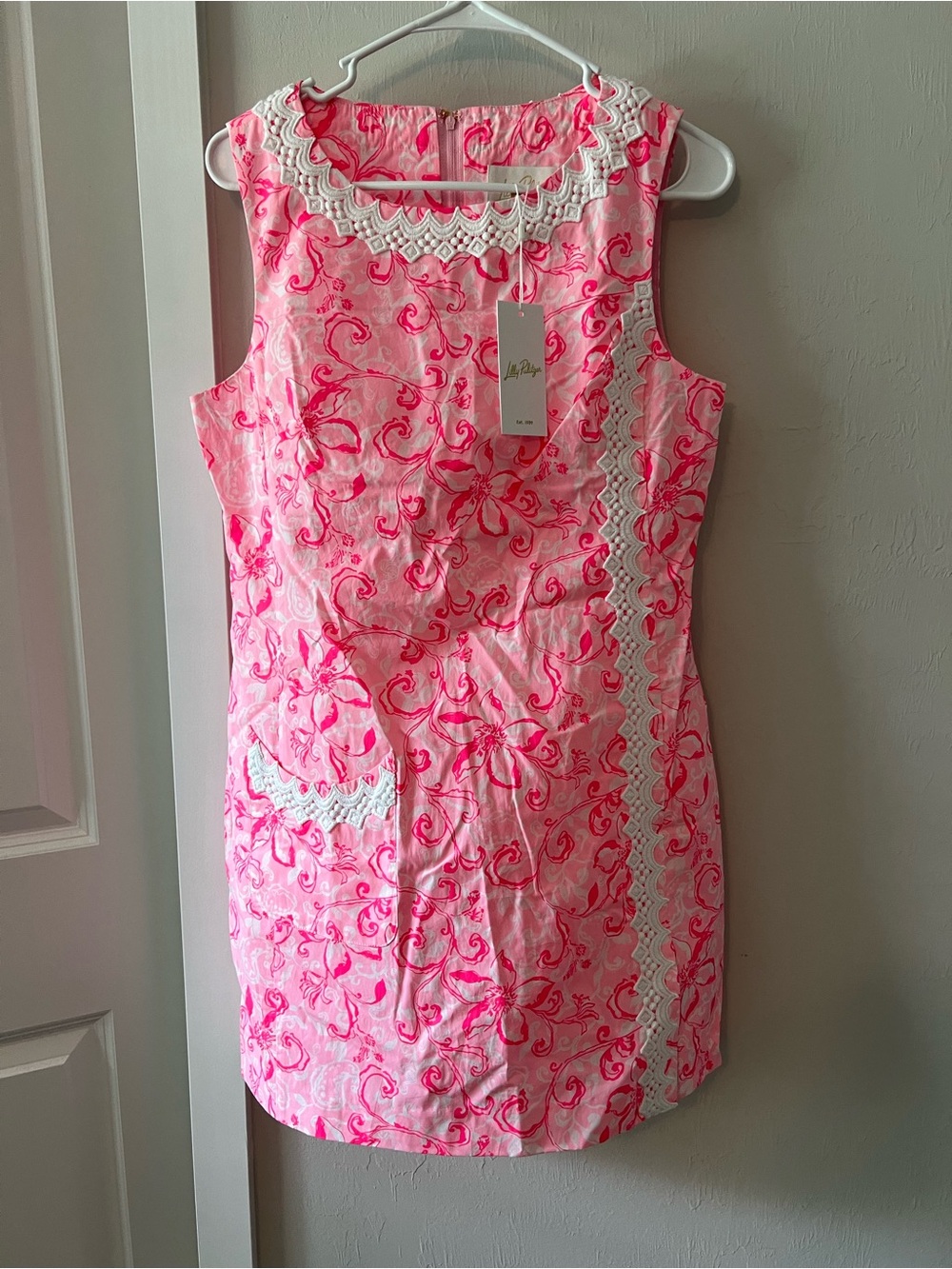 Lilly Pulitzer Pink Swirl Print Shift Dress with White Lace Trim